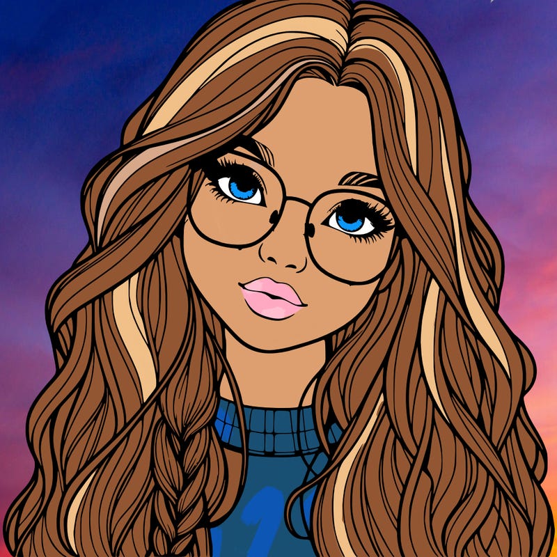 girl with long hair and freckles and glasses realistic
