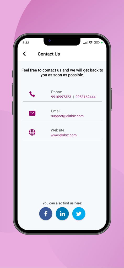Qkrbiz - Contact us screen of the Qkrbiz app showing phone numbers, support email, and website address.