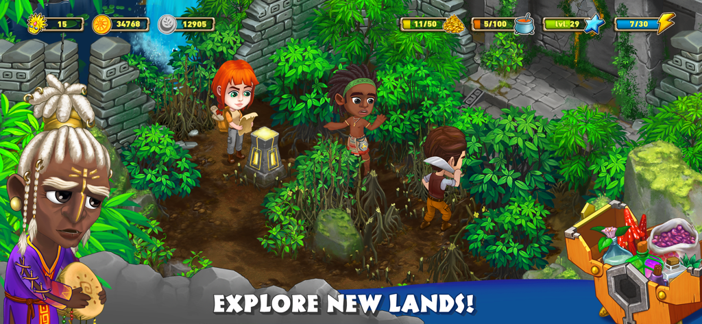 Bobatu Island: Survival Quest - Personajes explorando ruinas antiguas en una exuberante jungla tropical en Bobatu Island.