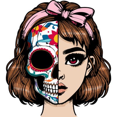 realistic girl with half skull mask
