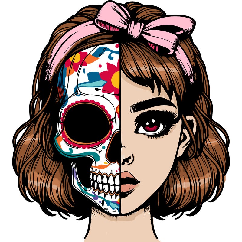 realistic girl with half skull mask