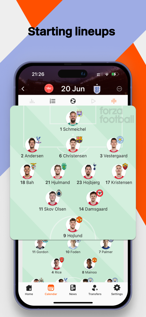 Forza Football - Live Scores - Forza Football app interface showing detailed soccer starting lineups and tactical formations with player photos