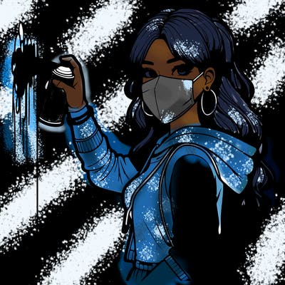 realistic girl with mask spray painting a wall