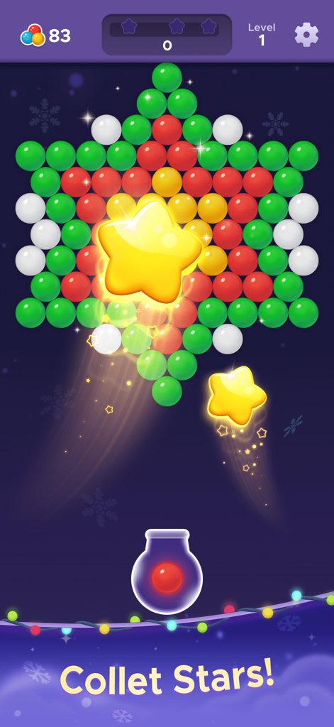 Bubble Relax: Pop Shooter - Gameplay de Bubble Relax montrant un niveau de collecte d'étoiles avec des bulles colorées