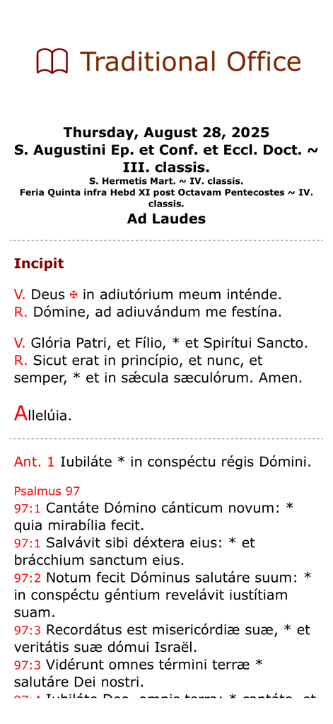 Interfaccia dell'app iPieta che visualizza l'Ufficio Tradizionale per le Lodi in latino