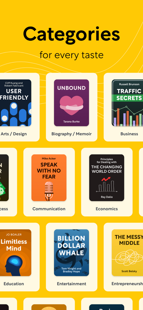 Shortform app interface showing diverse book categories including business and economics