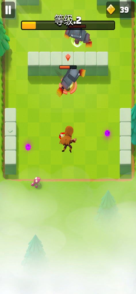 Archer Hunter - Adventure Game - Top-down view of an archer character facing a stone monster in a green tiled dungeon level of Archer Hunter.