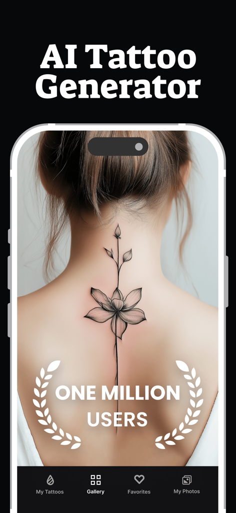 INKHUNTER - AI Tattoo Design - Aplicación Inkhunter que muestra un diseño de tatuaje floral generado por IA en la espalda de una mujer