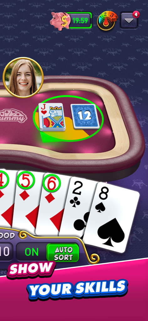 Gin Rummy Plus mobile app gameplay showing card hand and multiplayer interface