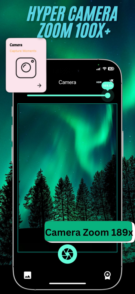 Hyper Camera Ultra Zoom 100x - Hyper Camera app interface showing a 189x zoom on a northern lights landscape