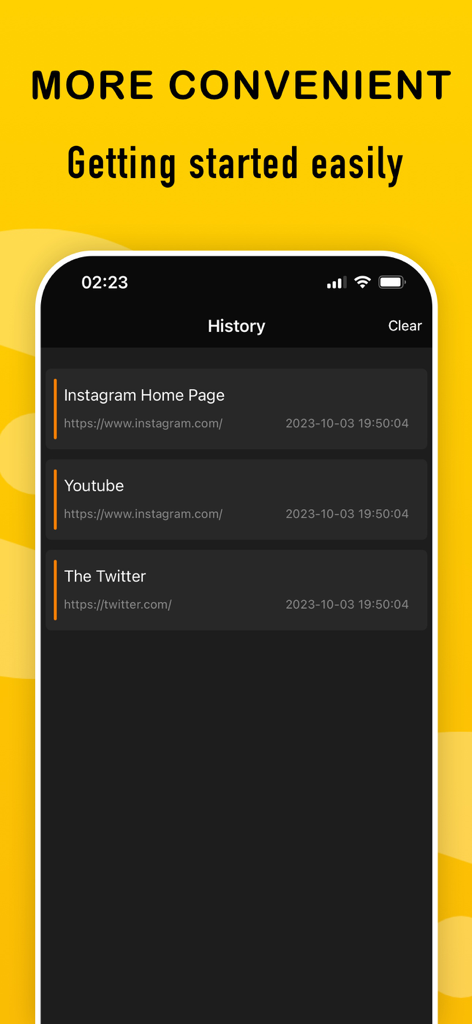 OiVideo - Music Browser Player - OiVideo app history screen showing a list of recently visited websites