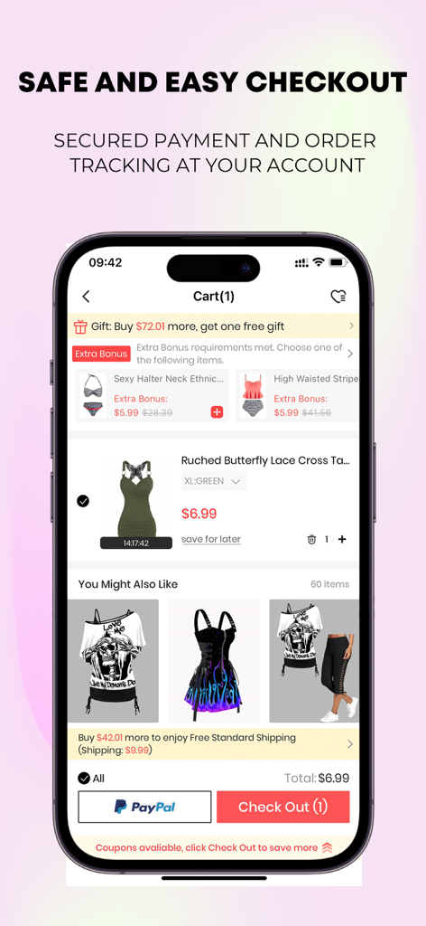 DressLily mobile app shopping cart displaying secure checkout and PayPal payment options