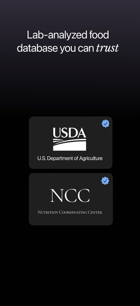 Microgram: Nutrient Tracker - Microgram app interface showing lab-analyzed food database sources from the USDA and Nutrition Coordinating Center