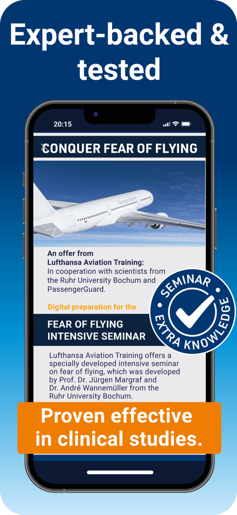 PassengerGuard: Fear of Flying - Pantalla de iPhone que muestra la aplicación PassengerGuard con validación de estudios clínicos y respaldo de expertos.