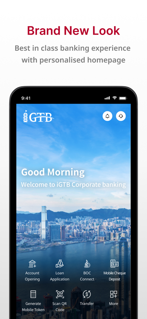 BOCHK iGTB Corporate Banking Mobile App Startseite mit personalisiertem Dashboard und Skyline von Hongkong