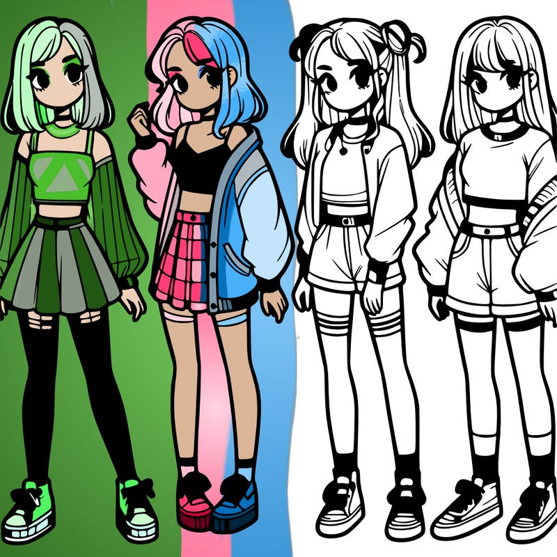 one girl with crop-top shirt and a jacket with a skirt, long socks and another girl with a shirt and pants with a jacket