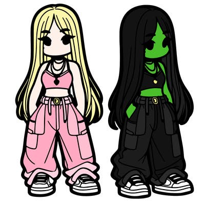 girl in baggy pants crop top and long hair