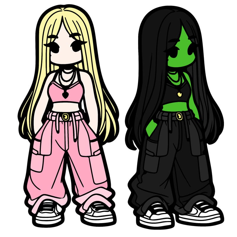 girl in baggy pants crop top and long hair