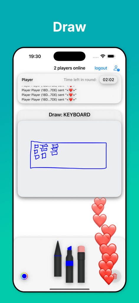 Draw • Guess - Draw Guessモバイルゲームのインターフェース。デジタルキャンバスにキーボードを描いているプレイヤーと、浮かぶハートが表示されています