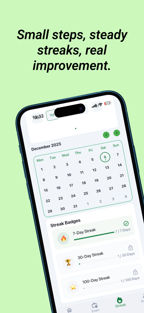 The Eng - English Practice - Interface do aplicativo The Eng mostrando um calendário de estudos e selos de progresso de sequência