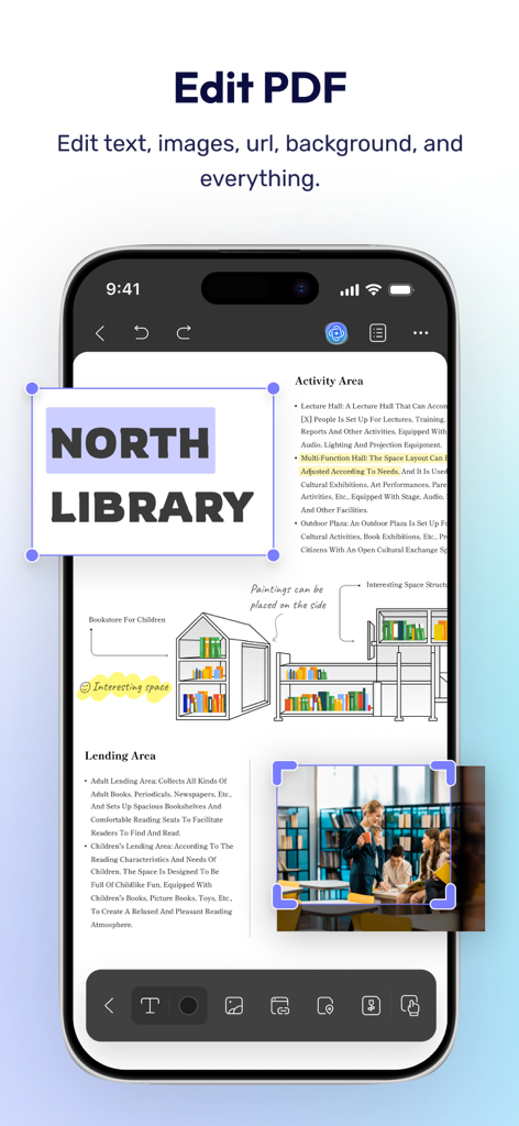 Smartphone-Bildschirm mit der Benutzeroberfläche der UPDF-App zur Bearbeitung von Text und Bildern in einem PDF-Dokument