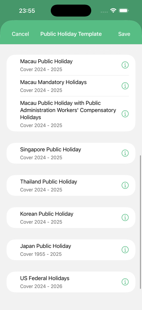 List of public holiday templates in the Off Day app for Macau Singapore Thailand Korea Japan and the US