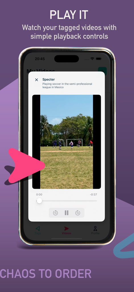 Video Tagger - A smartphone displaying the Video Tagger app with a video playback screen showing a soccer game and simple control buttons