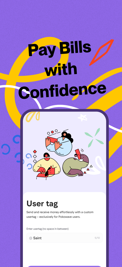Pokowave App-Oberfläche, die die benutzerdefinierte Usertag-Funktion und den Slogan zur Rechnungszahlung zeigt