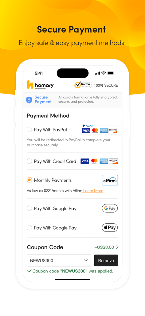 Homary - Secure payment options on the Homary app including credit card and monthly installments