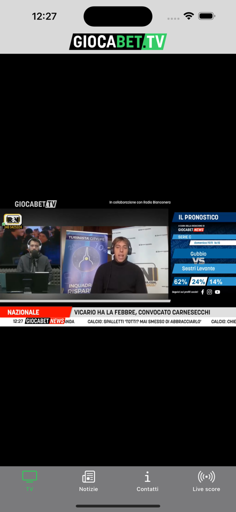 Giocabet.TV - Interfaz de la aplicación Giocabet TV que muestra una transmisión de noticias deportivas en vivo con predicciones de fútbol y un ticker de noticias.