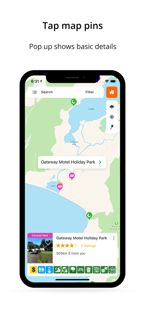 WikiCamps UK - WikiCamps UK app screenshot showing an interactive map with campsite pins and a popup display for Gateway Motel Holiday Park including feature icons