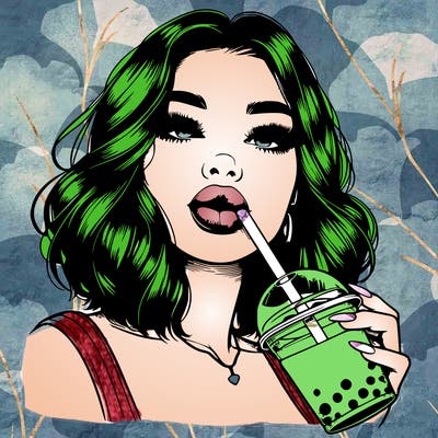realistic girl with glossy lips holding boba