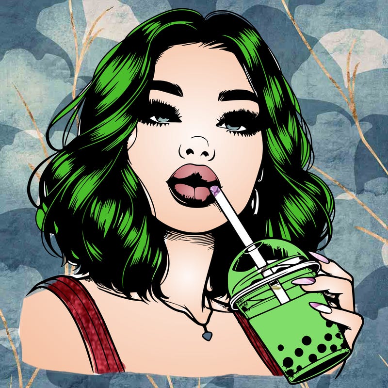 realistic girl with glossy lips holding boba