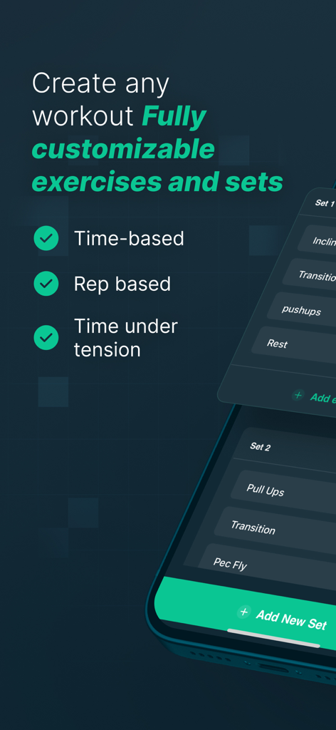 Workout Timer: Intervals & TUT - Interface do aplicativo Workout Timer mostrando opções personalizáveis para exercícios baseados em tempo, repetições e tempo sob tensão.