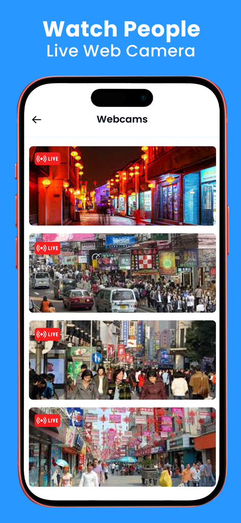 Street View Map & Navigation - A mobile interface from the Street View Map and Navigation app displaying multiple live web camera feeds of busy city streets and night markets
