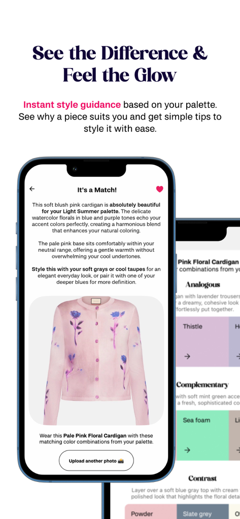 Misi app showing personalized style guidance and color matching for a floral cardigan