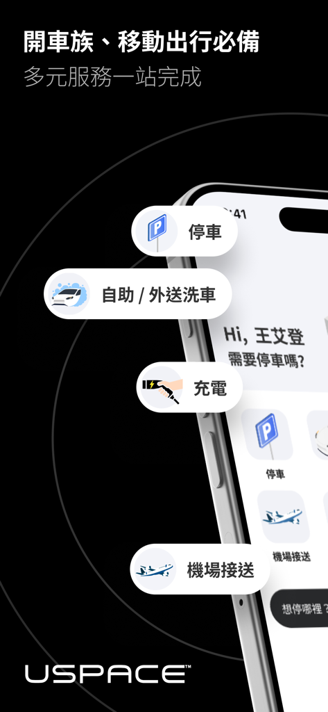 USPACEアプリのインターフェース。駐車、洗車、EV充電、空港送迎のアイコンが表示されています。