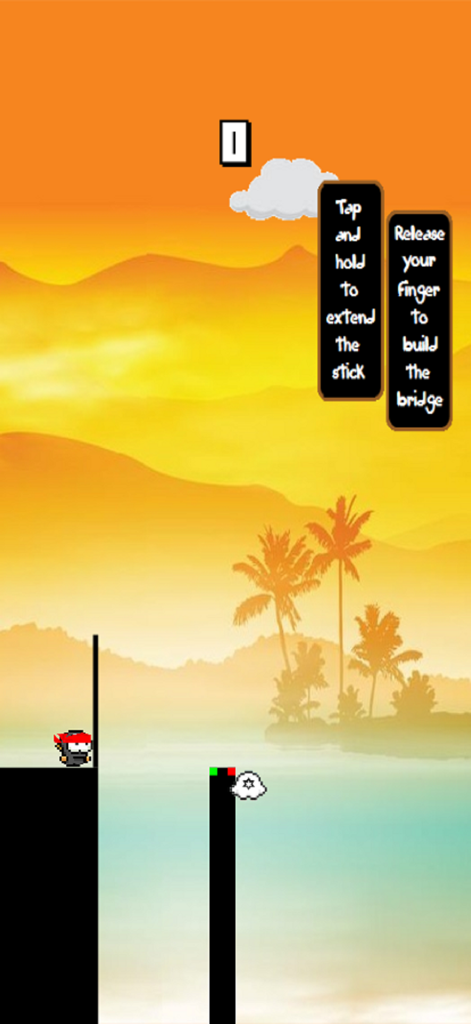 Stick Ninja - A ninja character extending a stick to bridge the gap between platforms in a tropical setting.