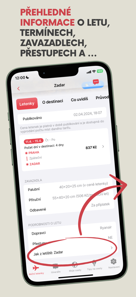 FlyAway: levné letenky, cesty - A mobile app screenshot showing detailed flight information including dates, price, and baggage allowance for a trip to Zadar.