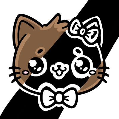 kawaii cat with a bow tie hanging from his ear