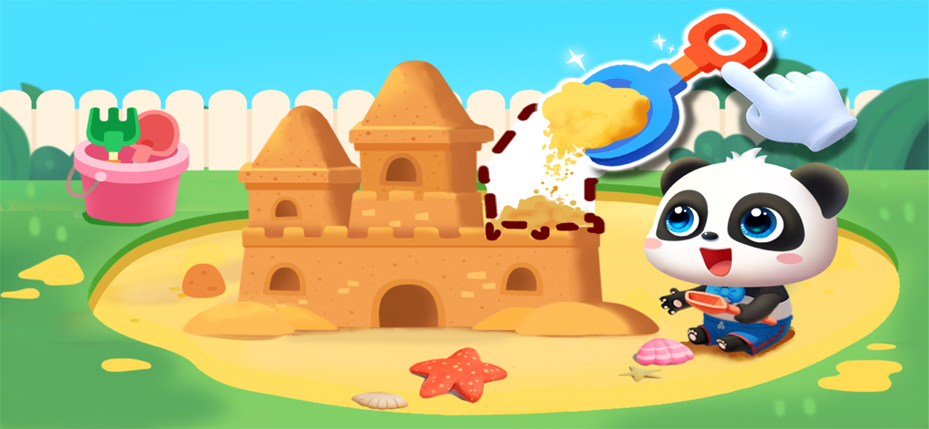 A cute baby panda building a sandcastle in a sandbox with a shovel tool