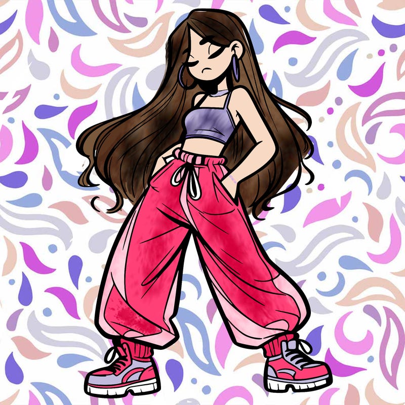 girl in baggy pants crop top and long hair