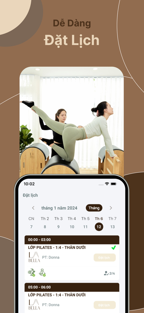 La Bella - A mobile app interface for booking Pilates classes featuring a calendar view and instructor schedule
