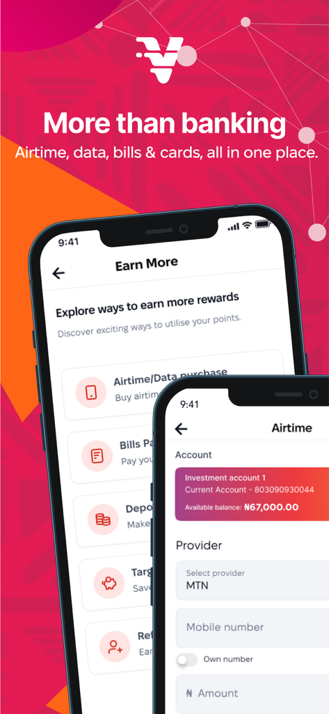 V by VFD - V by VFD mobile app interface displaying reward options and airtime purchase screens
