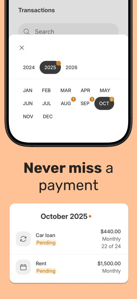 Spending Tracker – Bux - Bux mobile app interface displaying a monthly calendar and a list of pending bills like rent and car loans