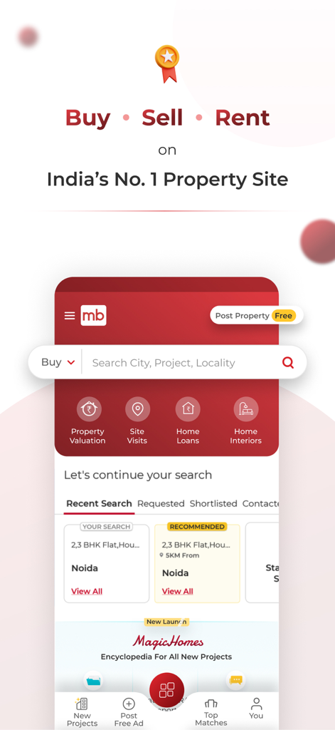 Magicbricks app home screen displaying property search options for buying selling and renting in India