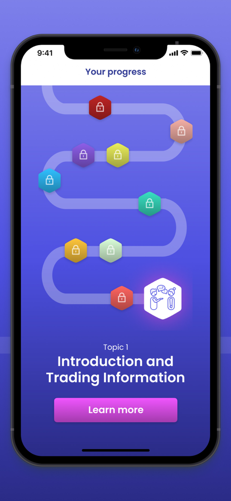La pantalla de progreso de la aplicación PEERS mostrando un mapa de ruta hexagonal de lecciones de habilidades sociales.