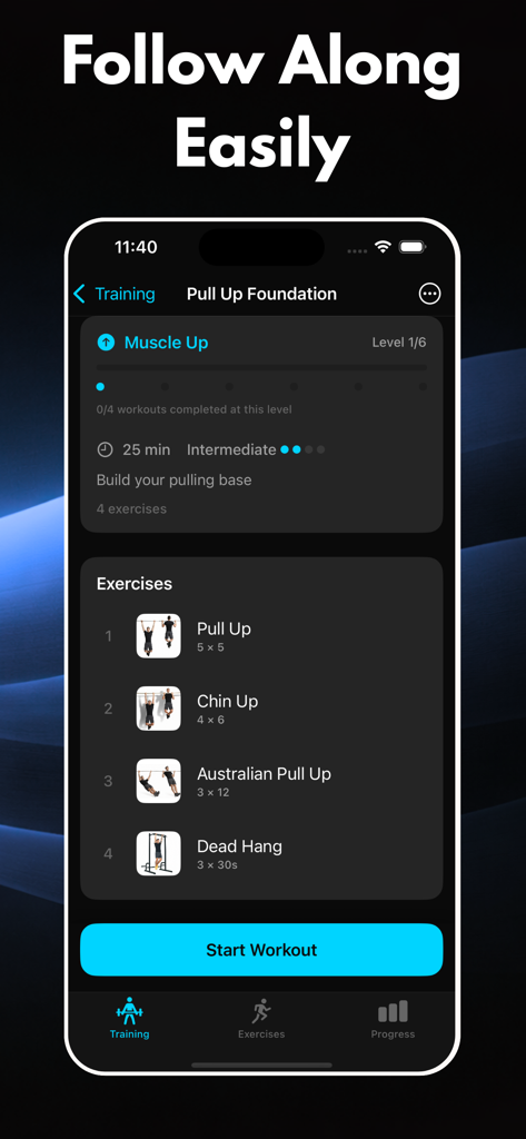 Calisthenics: CaliFit - A mobile screen from the CaliFit app displaying a Pull Up Foundation workout routine with a list of exercises including pull ups and chin ups
