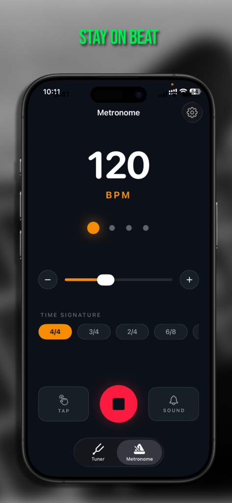 Tuner & Metronome: Attune - Pantalla del metrónomo de la aplicación Attune con ajuste de 120 BPM y opciones de compás en modo oscuro