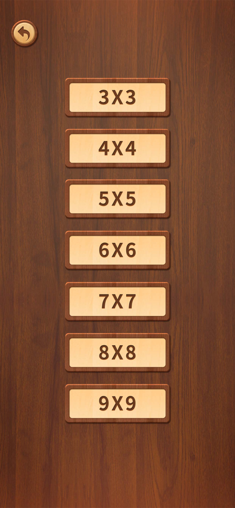 Numpuz: Number Puzzle Games - Numpuz game level selection menu showing wooden grid size buttons from 3x3 to 9x9